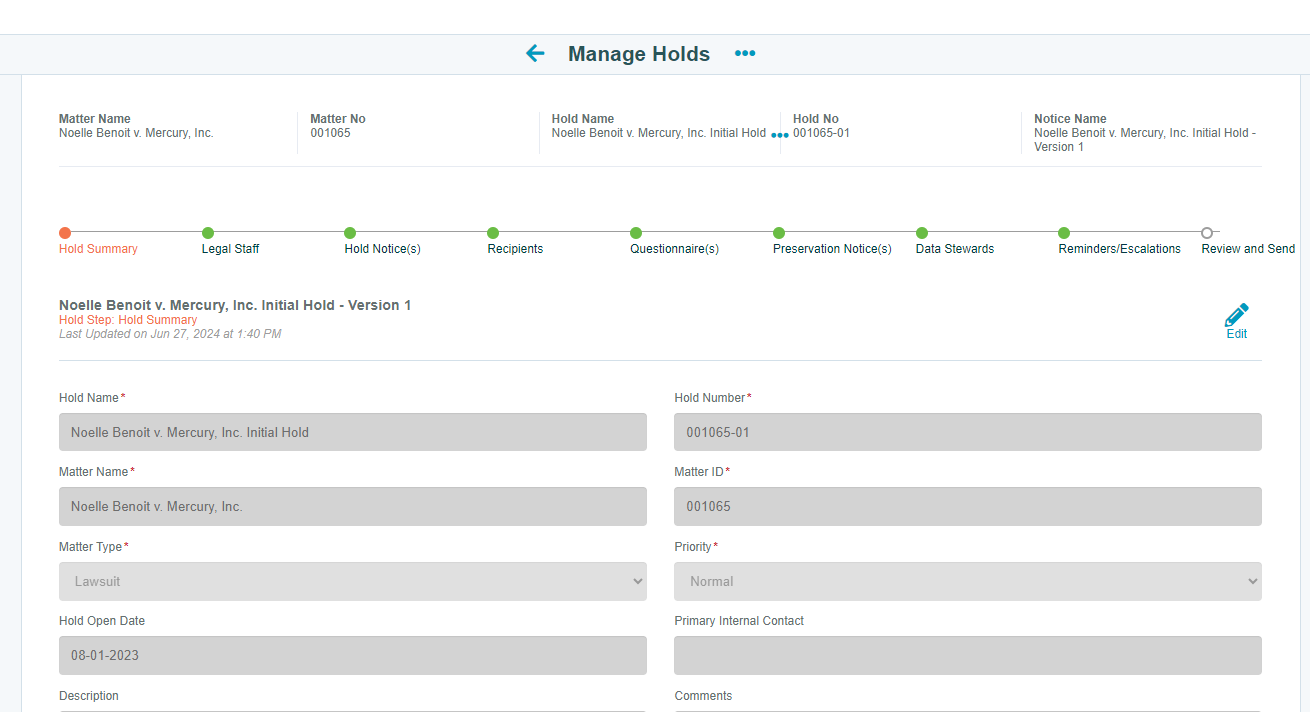 screenshot of Mitratech LegalHold